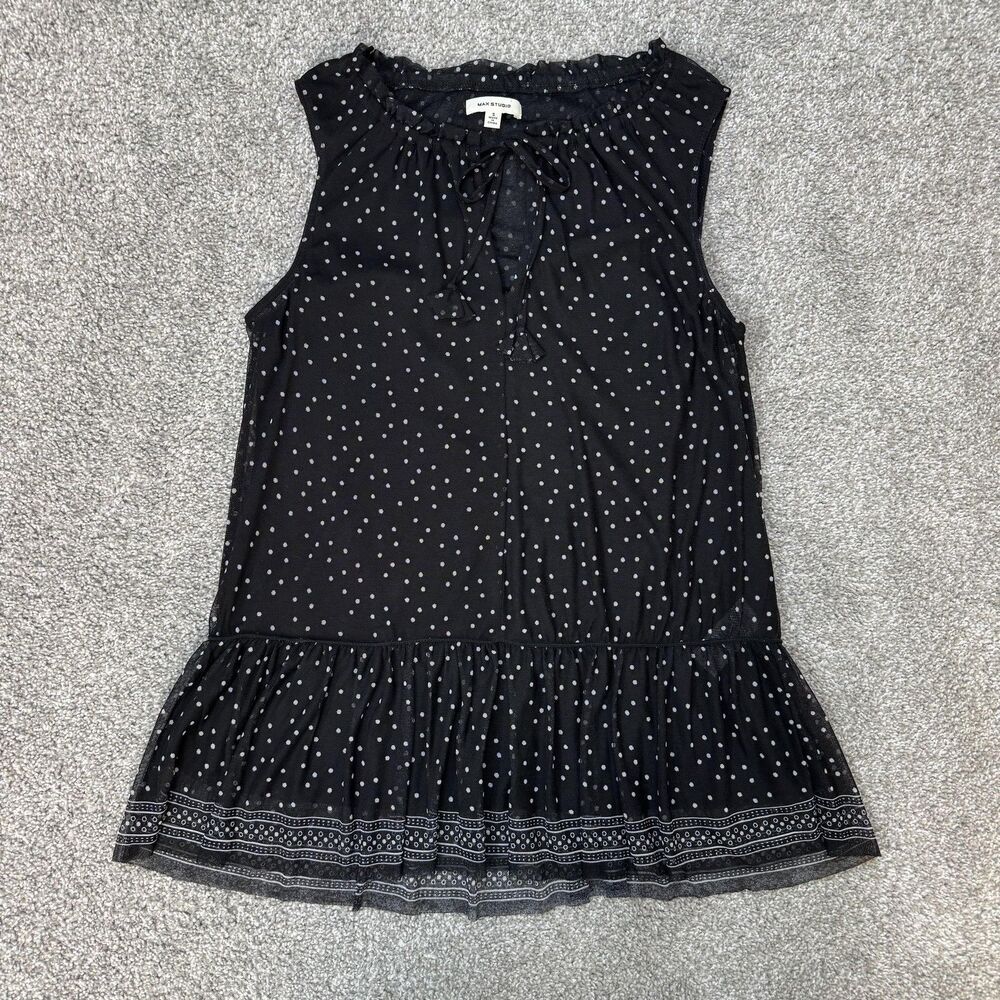 Max Studio Blouse Womens Small Black Polka Dot Sleeveless Ruffle Hem Tunic Top